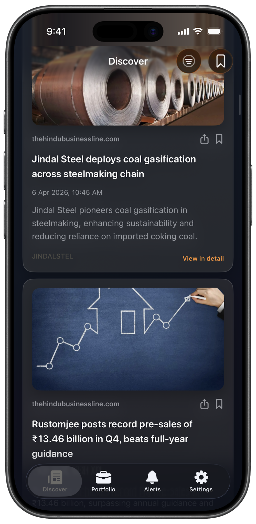 ArthAlert dark mode iPhone app preview showing portfolio-first stock news feed, watchlist coverage, and readable market updates