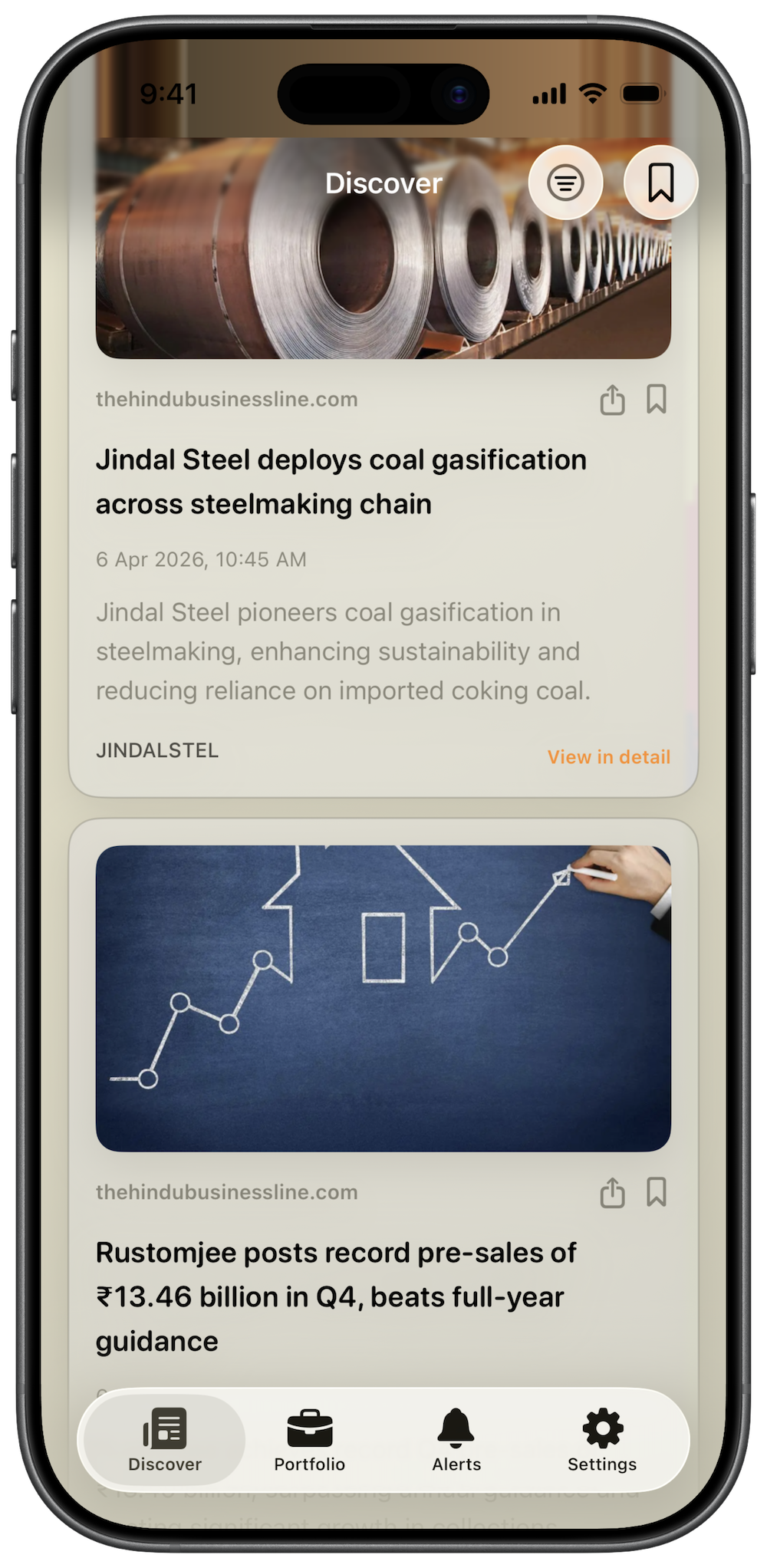 ArthAlert light mode iPhone app preview showing portfolio-first stock news feed with summaries and tracked ticker updates